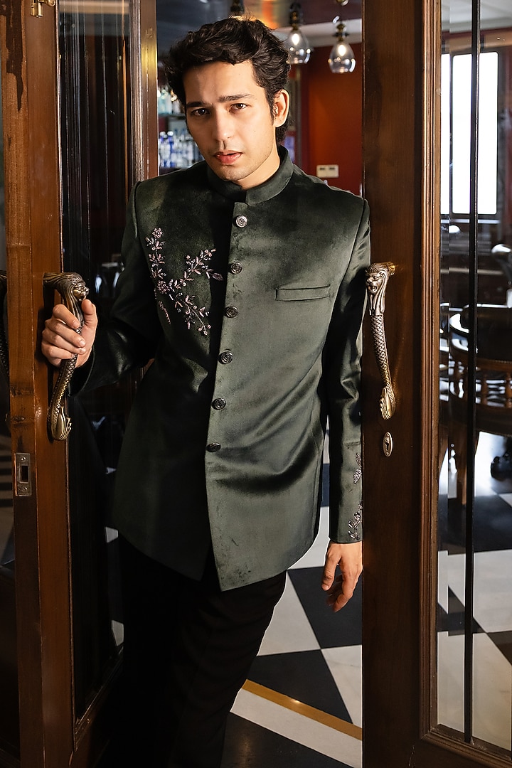 Green Velvet Hand Embroidered Bandhgala Set by STEEL at Pernia's Pop Up Shop