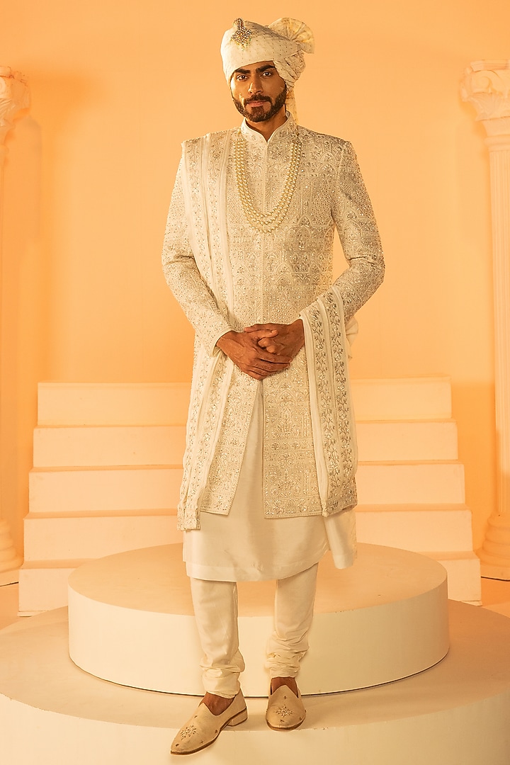 White Silk Hand Embroidered Groom Sherwani Set by STEEL at Pernia's Pop Up Shop