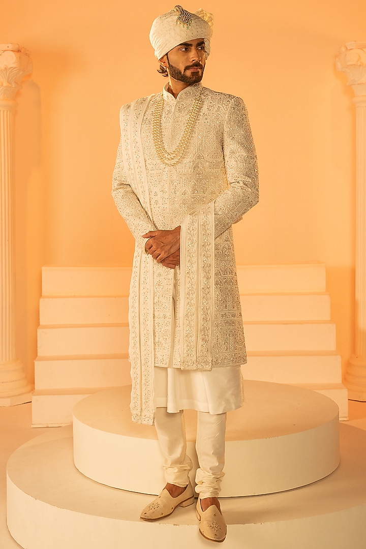 White Silk Hand Embroidered Groom Sherwani Set by STEEL at Pernia's Pop Up Shop