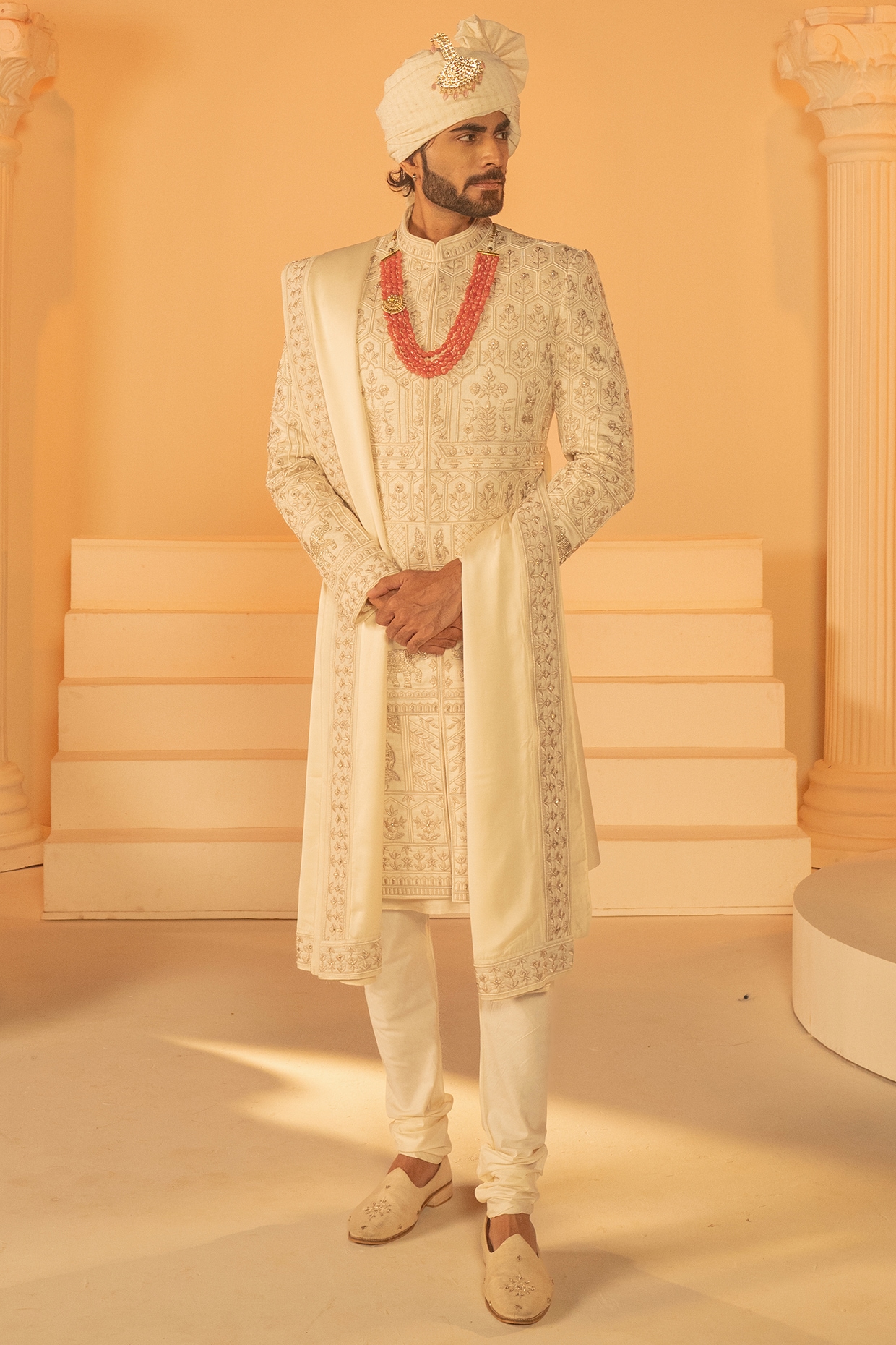 STEEL Beige Raw Silk Hand Embroidered Sherwani Set
