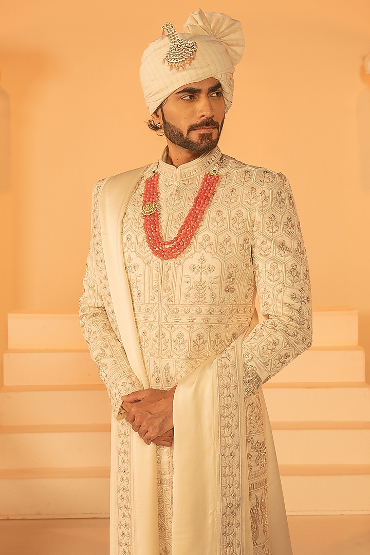 Beige Raw Silk Hand Embroidered Wedding Sherwani Set by STEEL at Pernia's Pop Up Shop