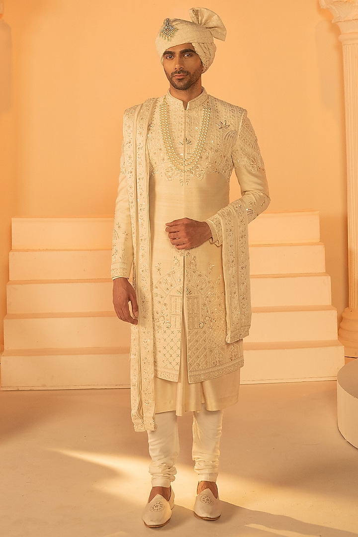 Beige Raw Silk Hand Embroidered Groom Sherwani Set by STEEL at Pernia's Pop Up Shop