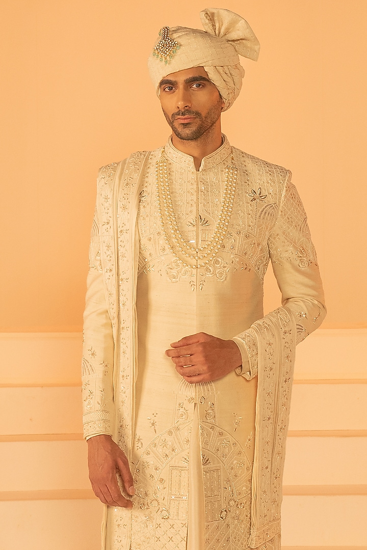 Beige Raw Silk Hand Embroidered Groom Sherwani Set by STEEL at Pernia's Pop Up Shop