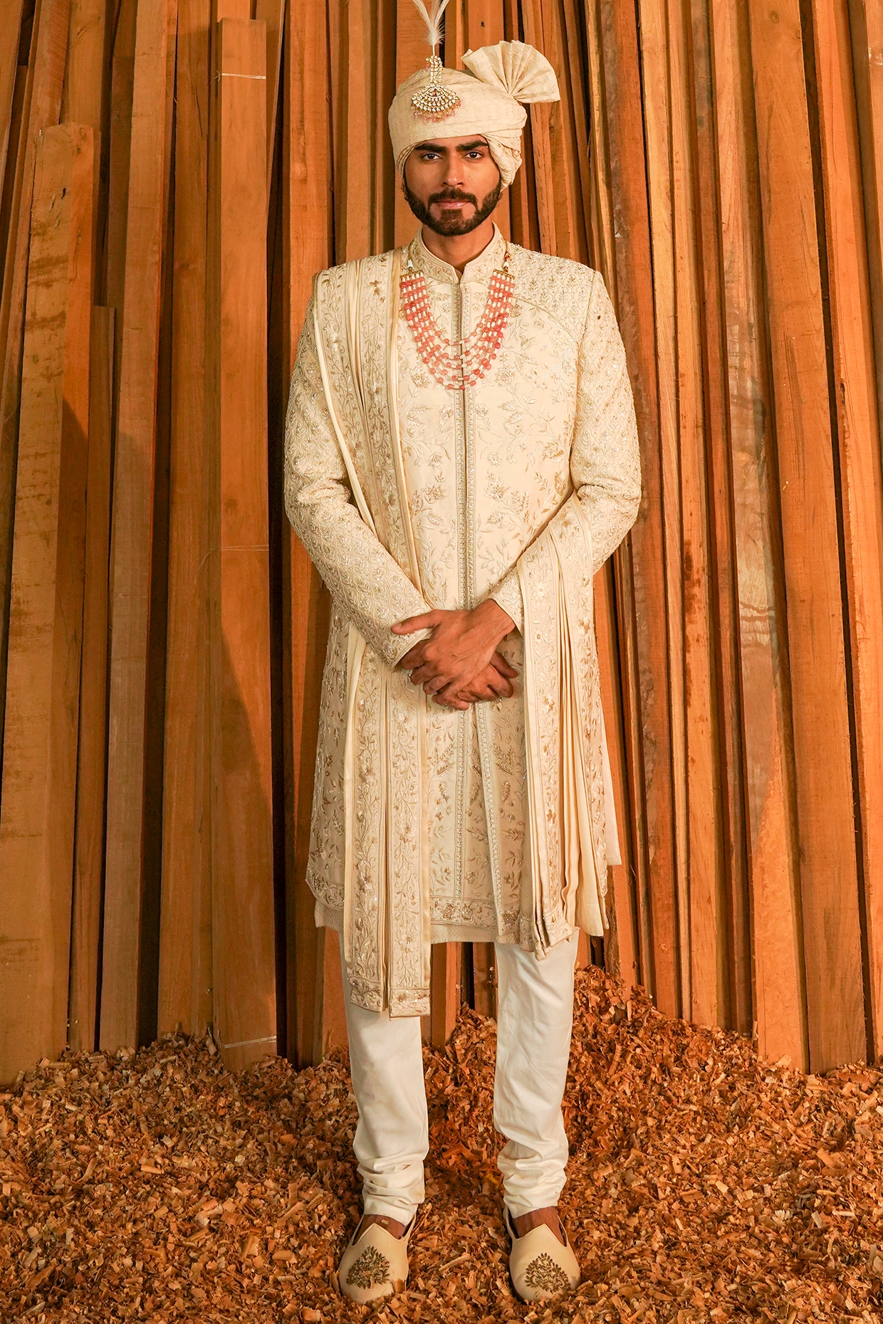 STEEL Beige Raw Silk Hand Embroidered Sherwani Set