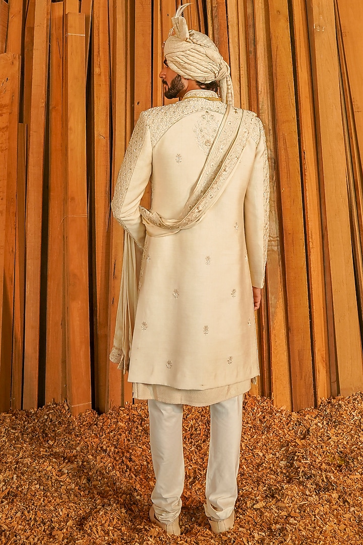 Beige Raw Silk Hand Embroidered Groom Sherwani Set by STEEL at Pernia's Pop Up Shop