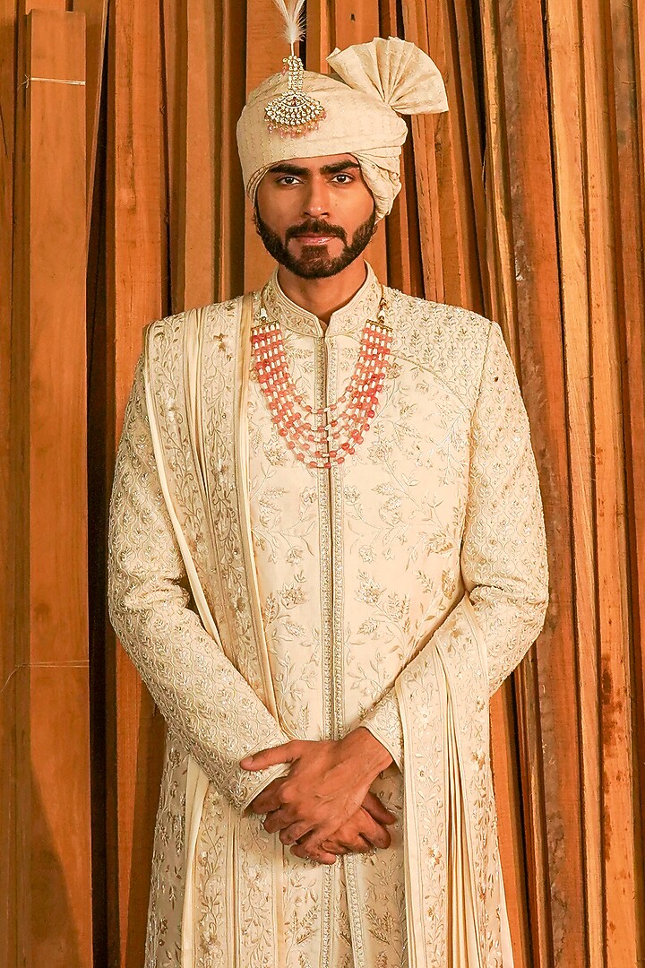 Beige Raw Silk Hand Embroidered Groom Sherwani Set by STEEL at Pernia's Pop Up Shop