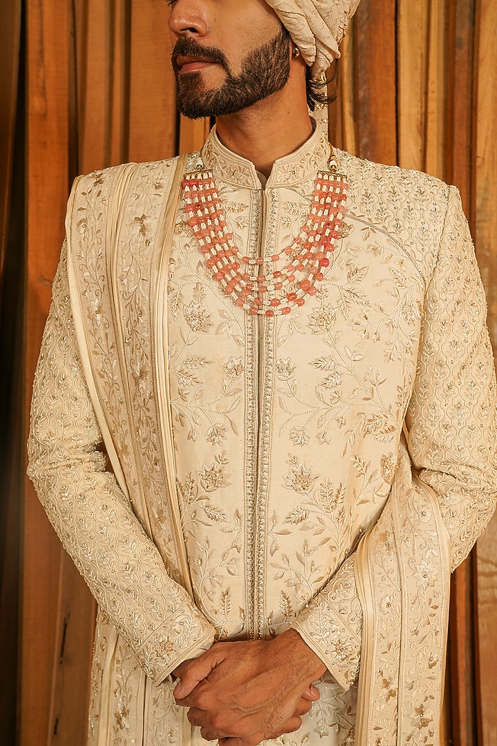 Beige Raw Silk Hand Embroidered Groom Sherwani Set by STEEL at Pernia's Pop Up Shop