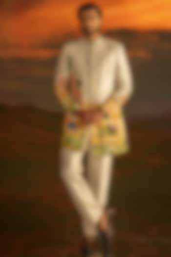 Peach Raw Silk Hand Embroidered Wedding Indowestern Set by STEEL at Pernia's Pop Up Shop