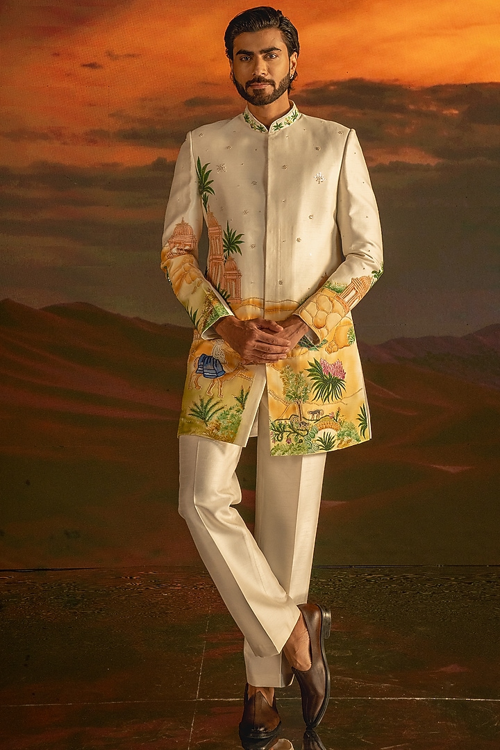 Peach Raw Silk Hand Embroidered Wedding Indowestern Set by STEEL at Pernia's Pop Up Shop