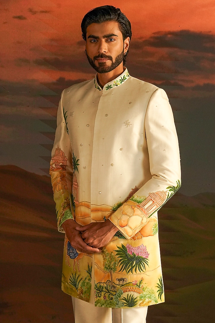 Peach Raw Silk Hand Embroidered Wedding Indowestern Set by STEEL at Pernia's Pop Up Shop