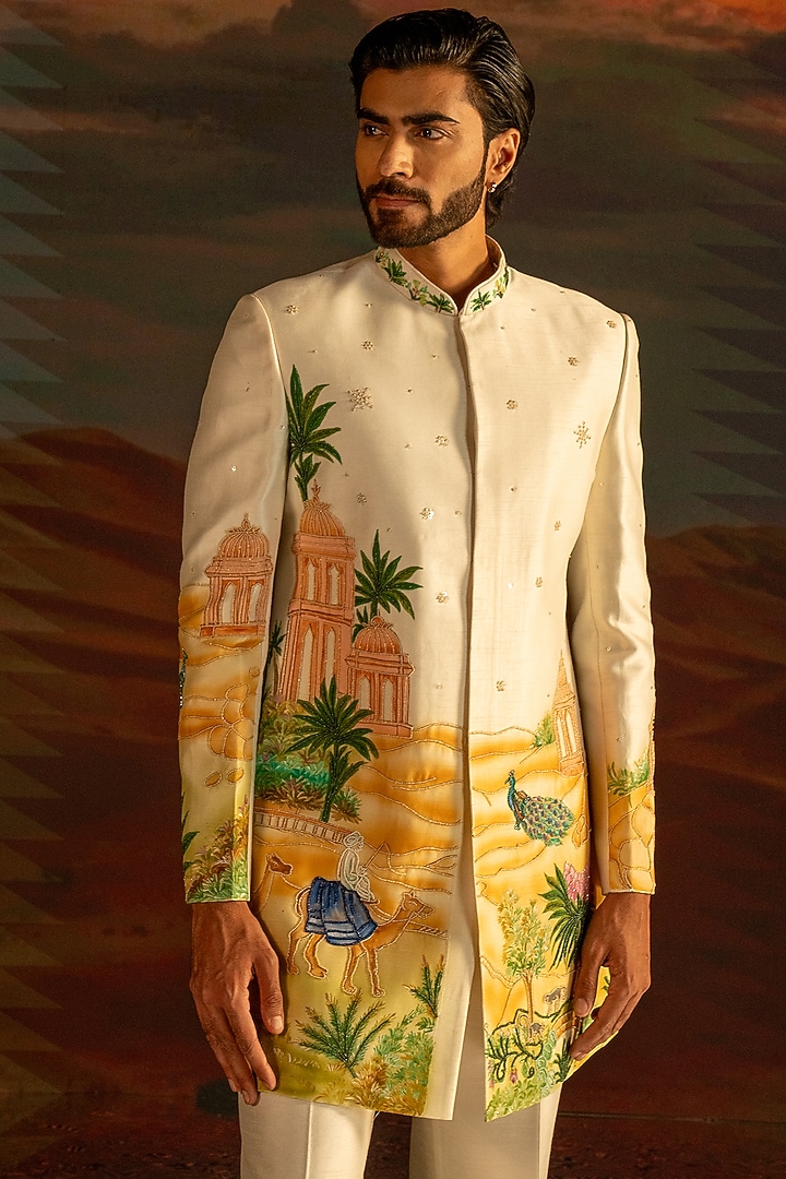 Peach Raw Silk Hand Embroidered Wedding Indowestern Set by STEEL at Pernia's Pop Up Shop