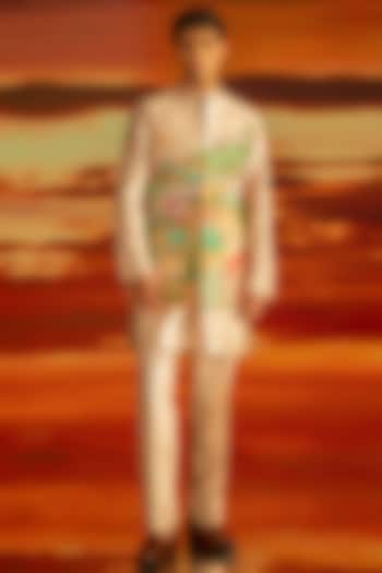 White Raw Silk Hand Embroidered Wedding Indowestern Set by STEEL at Pernia's Pop Up Shop