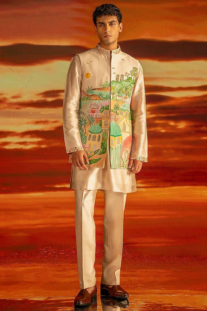 White Raw Silk Hand Embroidered Wedding Indowestern Set by STEEL at Pernia's Pop Up Shop