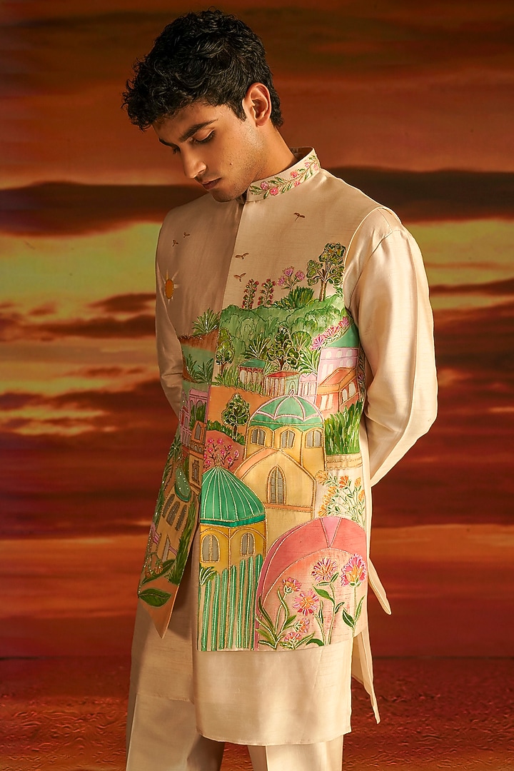 White Raw Silk Hand Embroidered Wedding Indowestern Set by STEEL at Pernia's Pop Up Shop