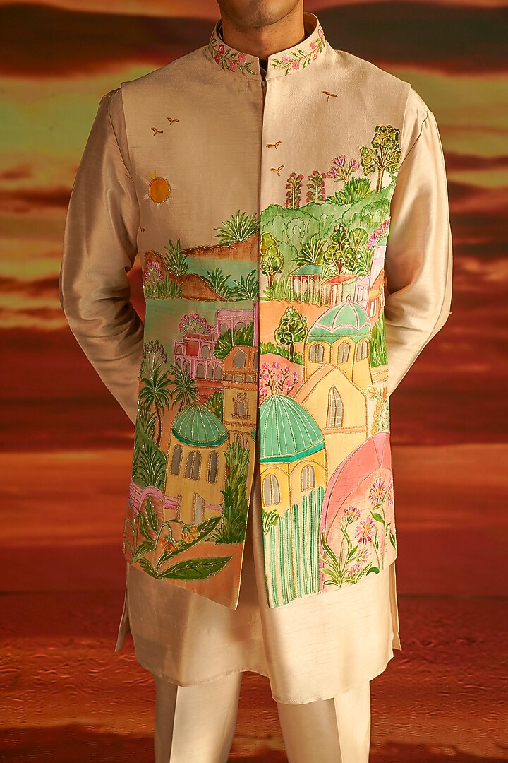 White Raw Silk Hand Embroidered Wedding Indowestern Set by STEEL at Pernia's Pop Up Shop
