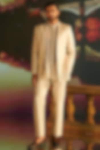 Ivory Linen Satin Hand Embroidered Wedding Indowestern Set by STEEL at Pernia's Pop Up Shop