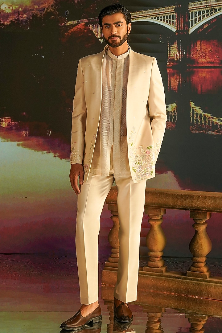 Ivory Linen Satin Hand Embroidered Wedding Indowestern Set by STEEL at Pernia's Pop Up Shop