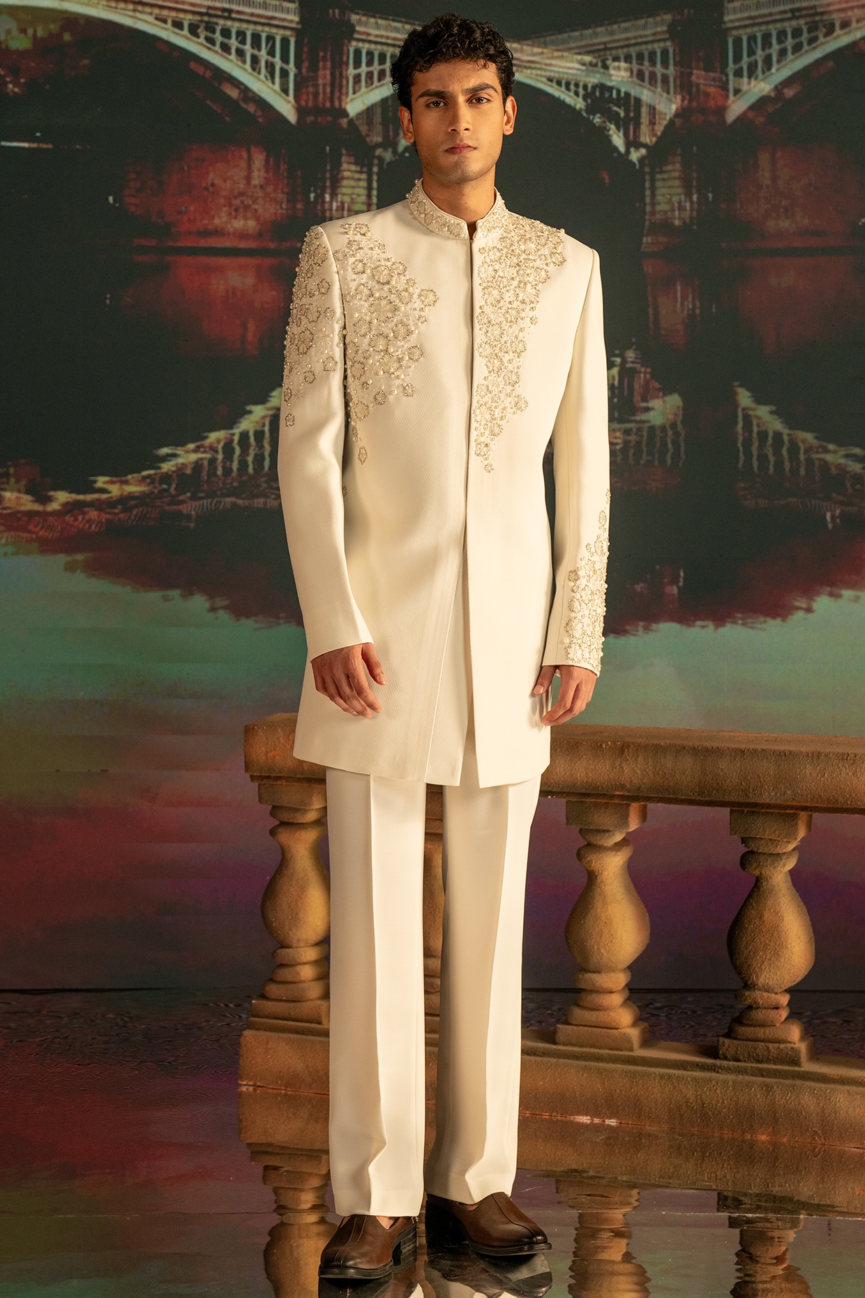 STEEL Cream Imported Suiting Hand Embroidered Indowestern Set