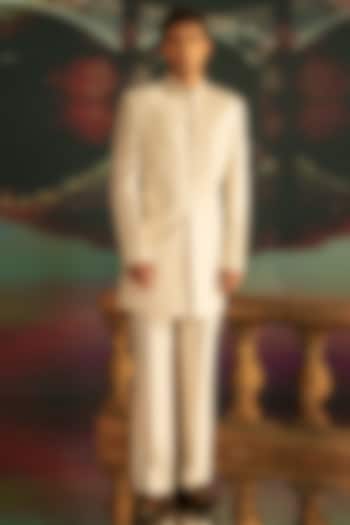 Cream Imported Suiting Hand Embroidered Wedding Indowestern Set by STEEL at Pernia's Pop Up Shop