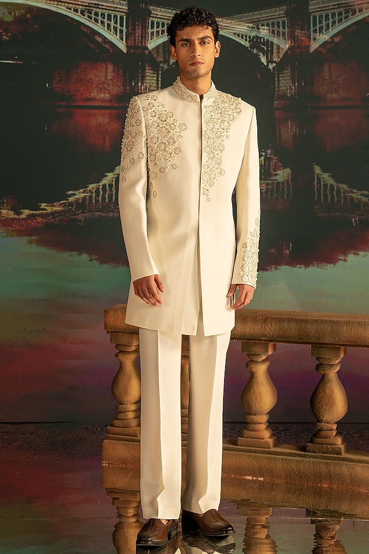 Cream Imported Suiting Hand Embroidered Wedding Indowestern Set by STEEL at Pernia's Pop Up Shop