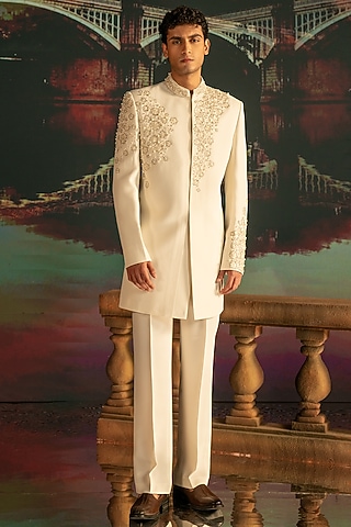 Cream Imported Suiting Hand Embroidered Indowestern Set by STEEL
