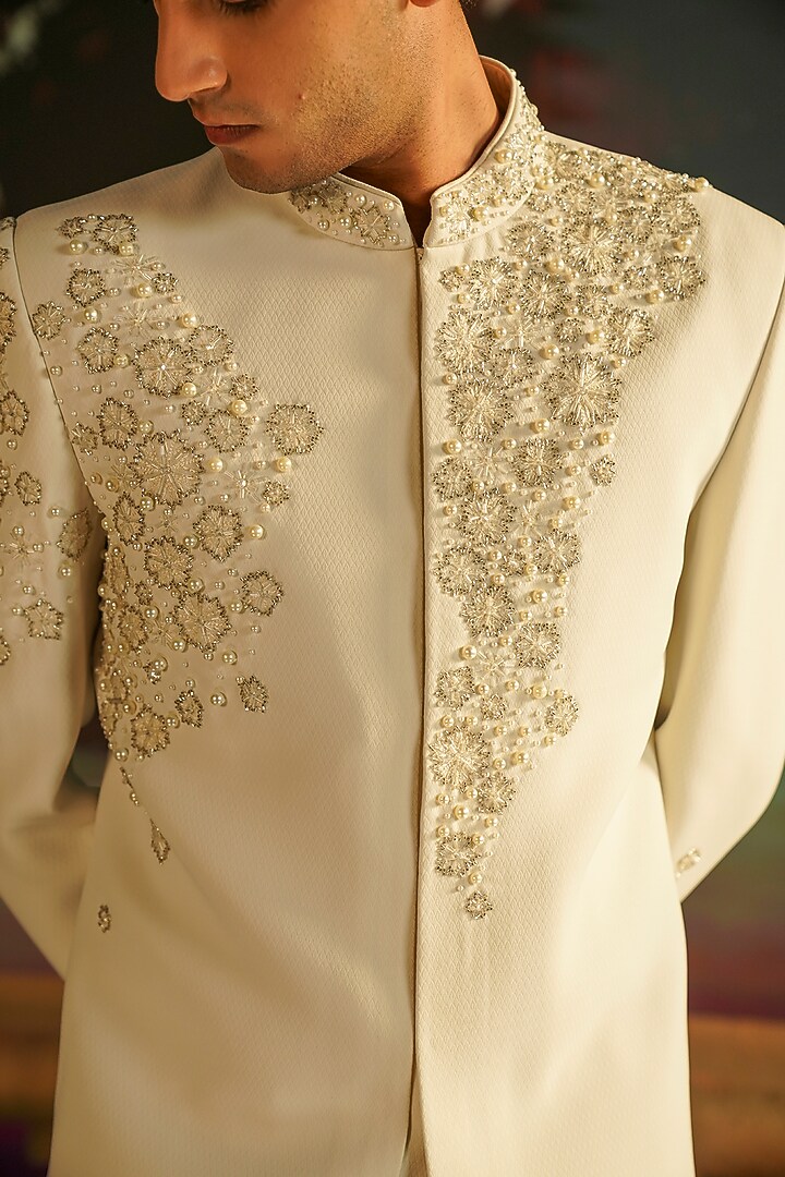 Cream Imported Suiting Hand Embroidered Wedding Indowestern Set by STEEL at Pernia's Pop Up Shop