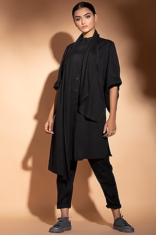 Black Cotton Kurta With Attached Drape by STUDIO ERROR