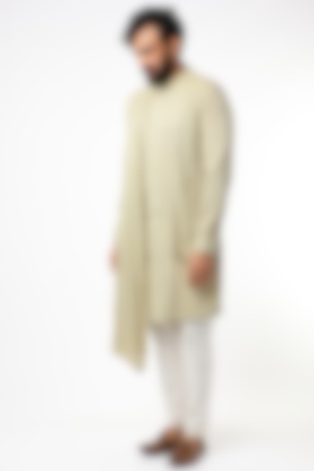 Beige Cross-Over Flap Kurta With Thread Work by STUDIO ERROR MEN