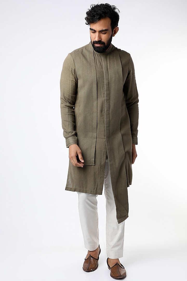 Brown Grey Button Down Kurta by STUDIO ERROR MEN