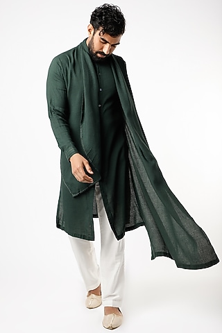 Green Cotton Cross-Over Flap Kurta by STUDIO ERROR MEN