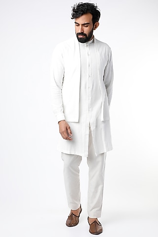 Off White Layered Kurta With Thread Work by STUDIO ERROR MEN