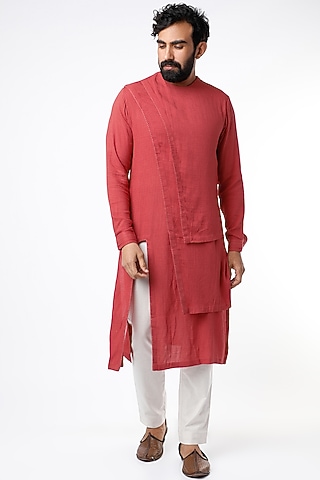 Coral Red Multi-Layered Kurta With Thread Work by STUDIO ERROR MEN