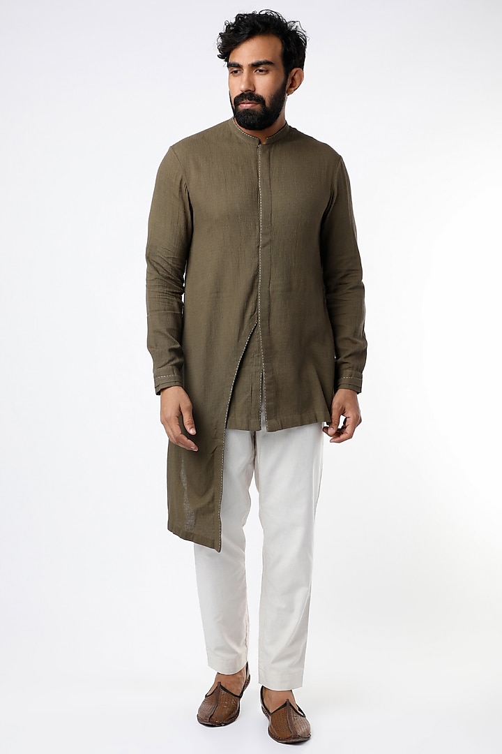 Brown Grey Asymmetrical Shirt With Thread Work by STUDIO ERROR MEN