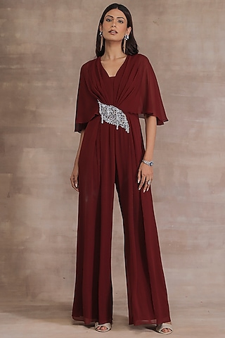 Maroon Hand Embroidered Pleated Jumpsuit by Seema Thukral