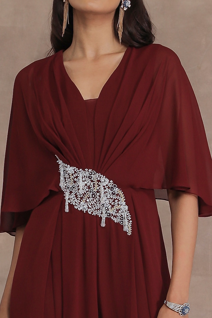 Maroon Hand Embroidered Pleated Jumpsuit by Seema Thukral at Pernia's Pop Up Shop