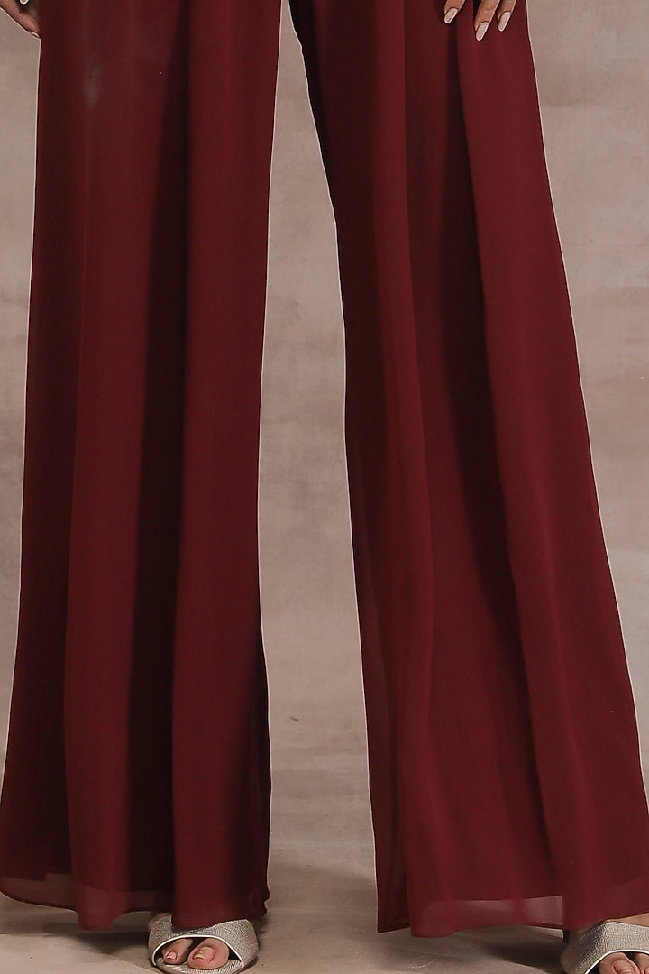 Maroon Hand Embroidered Pleated Jumpsuit by Seema Thukral at Pernia's Pop Up Shop