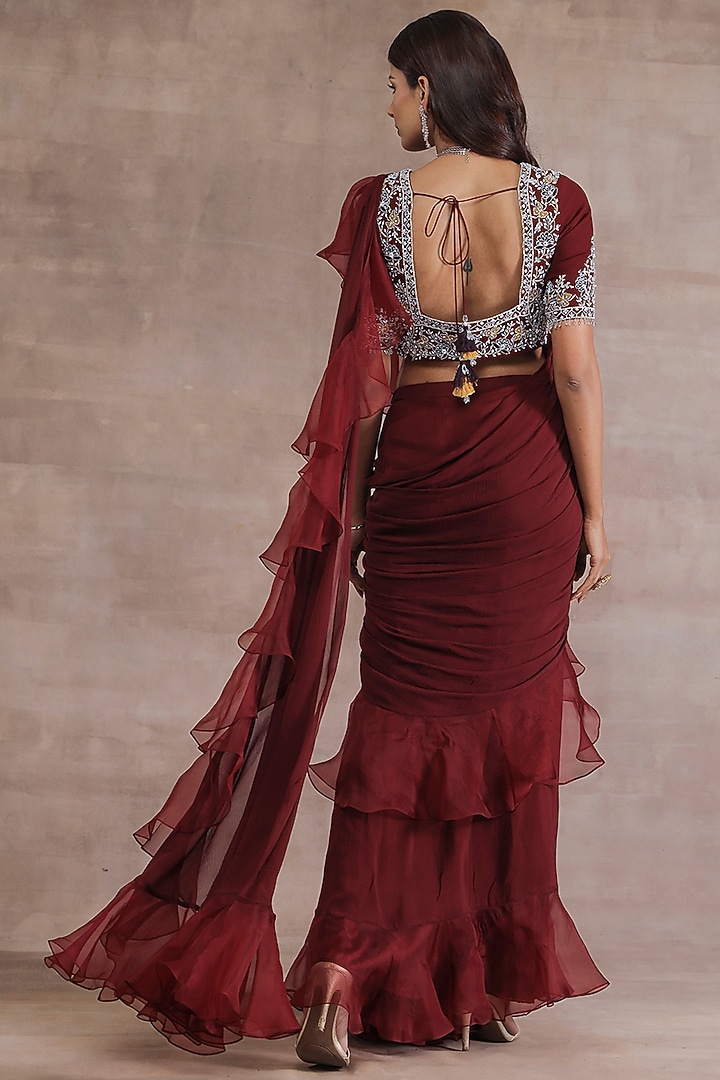 Maroon Ruffled Pre-Stitched Wedding Saree Set by Seema Thukral at Pernia's Pop Up Shop