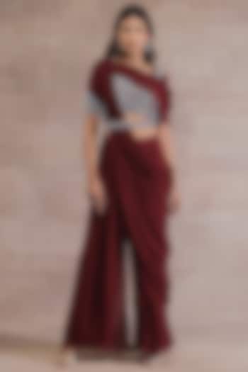 Maroon Georgette Hand Embroidered Pant Saree Set With Belt by Seema Thukral