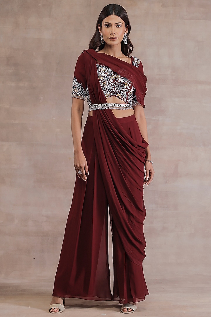 Maroon Hand Embroidered Pant Saree Set With Belt by Seema Thukral