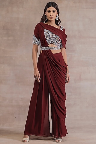 Maroon Georgette Hand Embroidered Pant Saree Set With Belt by Seema Thukral