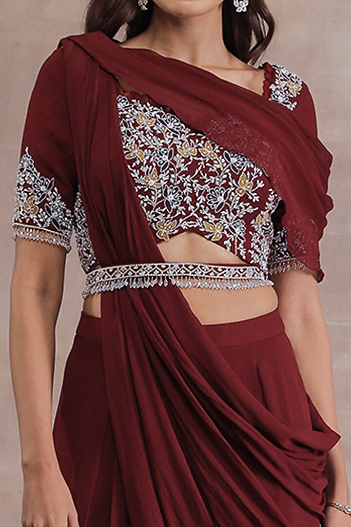 Maroon Georgette Hand Embroidered Pant Wedding Saree Set With Belt by Seema Thukral at Pernia's Pop Up Shop
