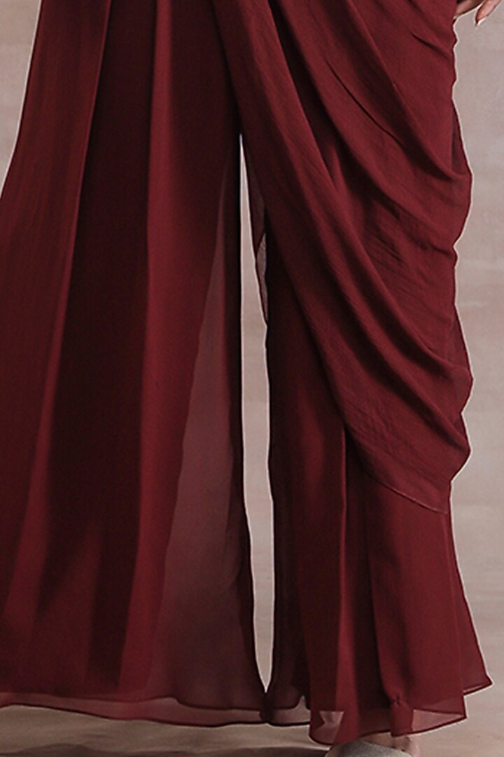 Maroon Georgette Hand Embroidered Pant Wedding Saree Set With Belt by Seema Thukral at Pernia's Pop Up Shop