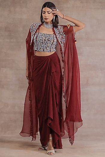 Maroon Organza & Georgette Draped Skirt Set by Seema Thukral at Pernia's Pop Up Shop