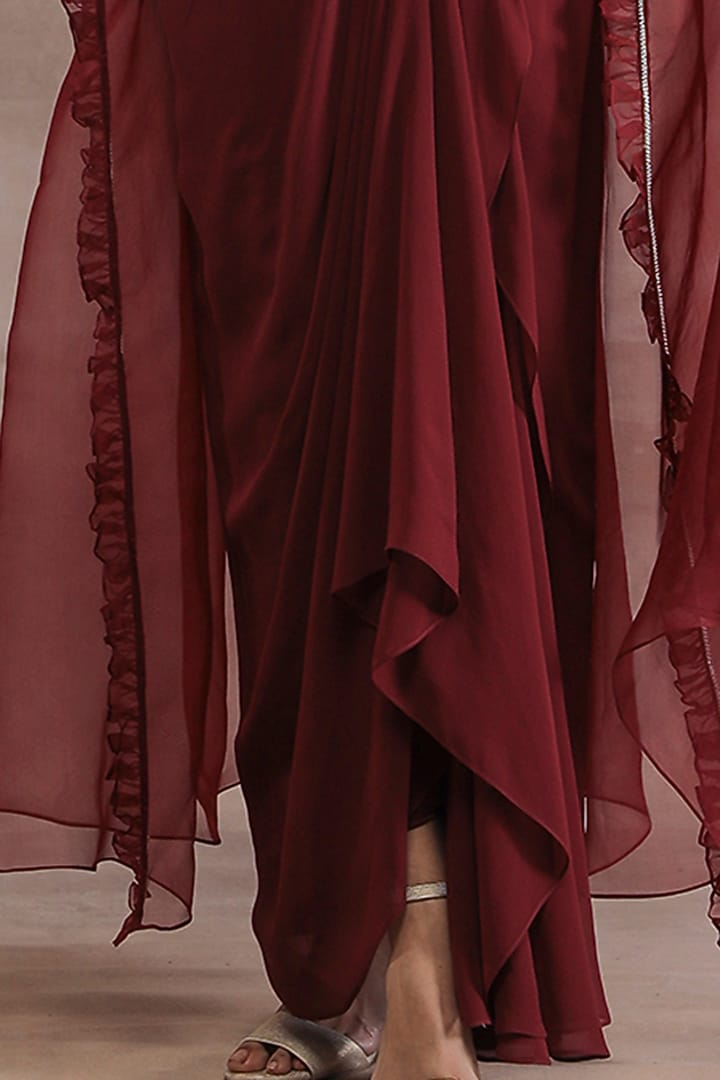 Maroon Organza & Georgette Draped Skirt Set by Seema Thukral at Pernia's Pop Up Shop
