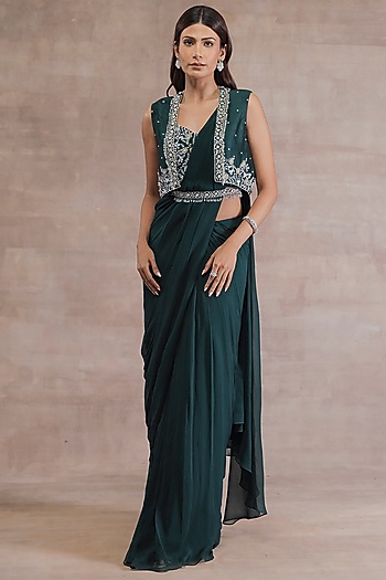 Bottle Green Chiffon Jacket Wedding Saree Set by Seema Thukral at Pernia's Pop Up Shop