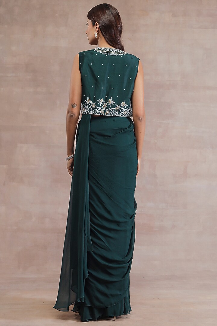Bottle Green Chiffon Jacket Wedding Saree Set by Seema Thukral at Pernia's Pop Up Shop