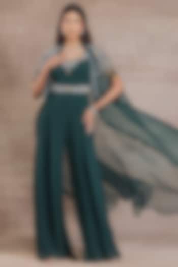 Bottle Green Jumpsuit With Hand Embroidered Cape by Seema Thukral