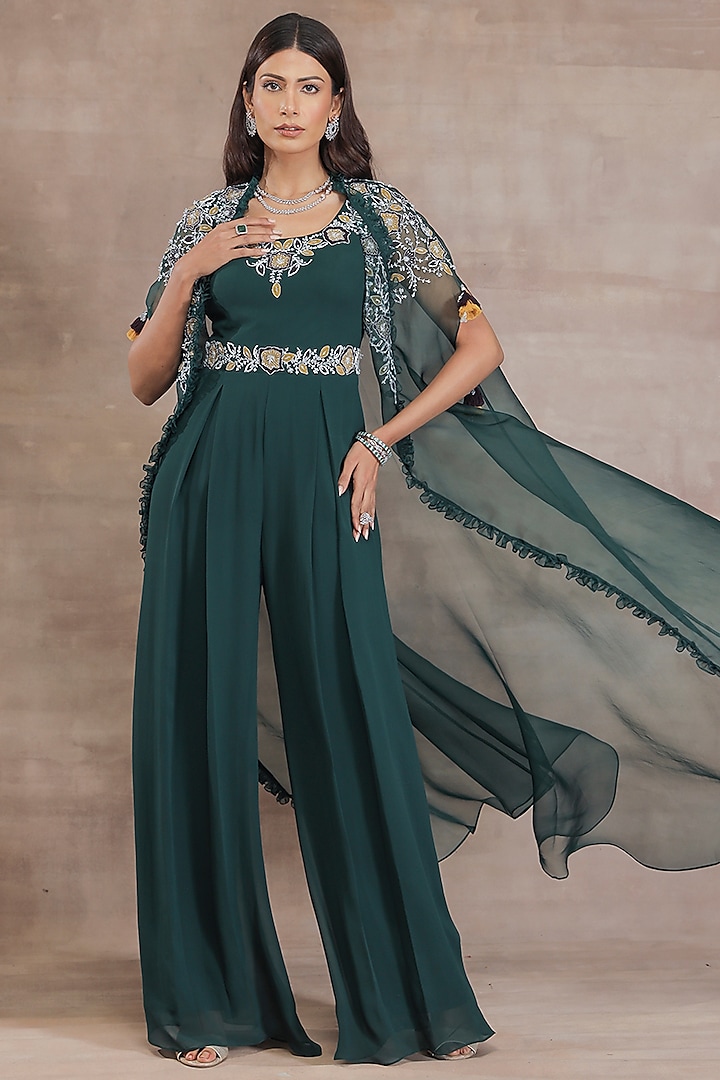 Bottle Green Jumpsuit With Hand Embroidered Cape by Seema Thukral at Pernia's Pop Up Shop