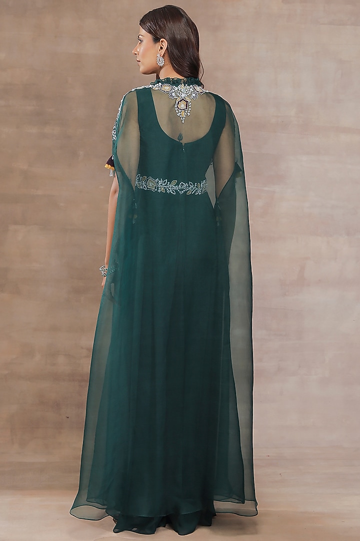 Bottle Green Jumpsuit With Hand Embroidered Cape by Seema Thukral at Pernia's Pop Up Shop