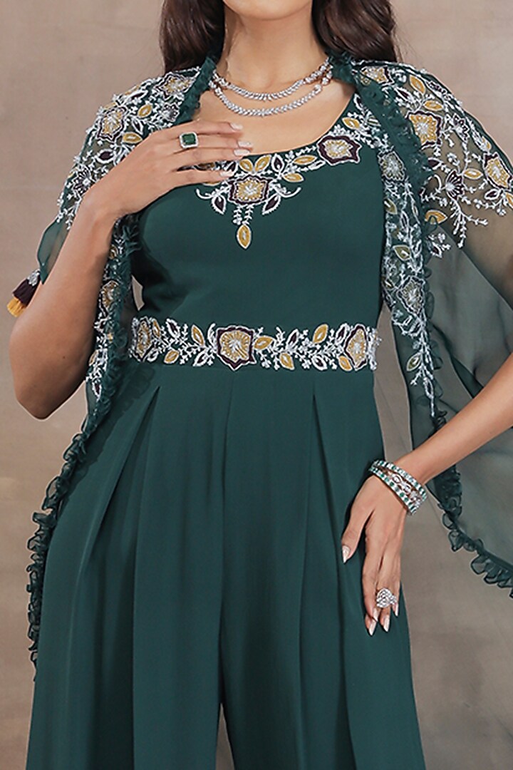 Bottle Green Jumpsuit With Hand Embroidered Cape by Seema Thukral at Pernia's Pop Up Shop